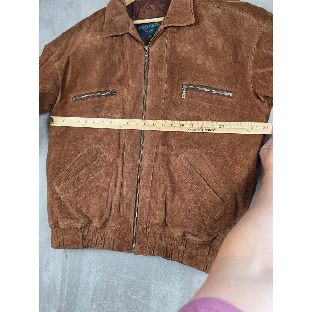 Vintage Weekends Suede Leather Bomber Jacket Mens XLT Brown Quilted Lined Zip